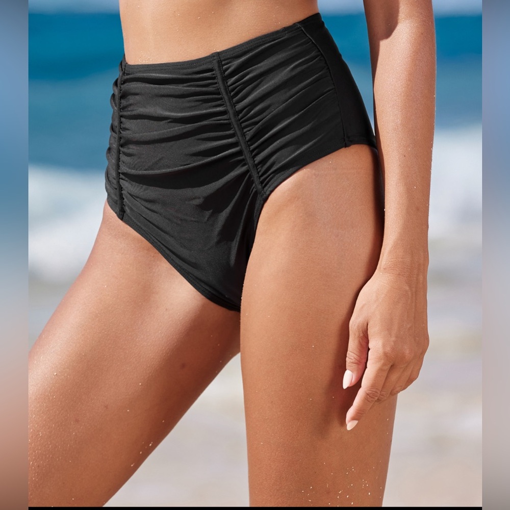 Tummy Control High-Waist Bikini Bottoms, Black, Size M